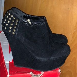 Black Wedge Heels with Gold Spike Studs